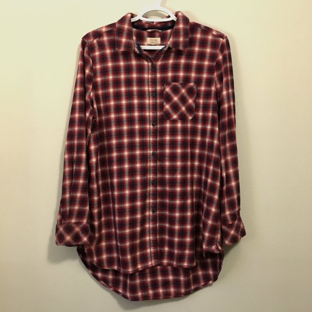 90s GRUNGE Fluid Rayon Blend Plaid Shirt M Oversized Roll Tab Longline